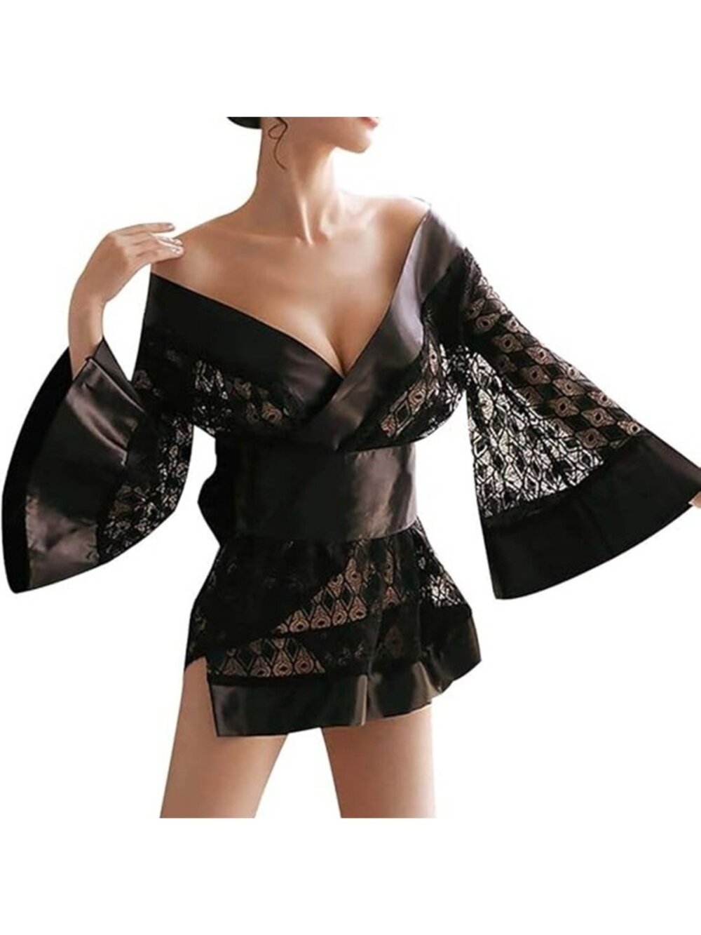 Women's Black Lace Kimono Robe Babydoll Lingerie See Through Lace Black One Size